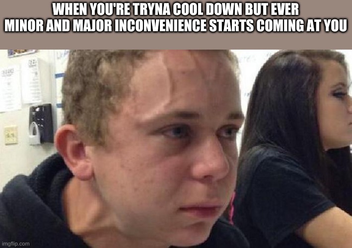 I'm just getting t i c k e d off | WHEN YOU'RE TRYNA COOL DOWN BUT EVER MINOR AND MAJOR INCONVENIENCE STARTS COMING AT YOU | image tagged in frustrated meme | made w/ Imgflip meme maker