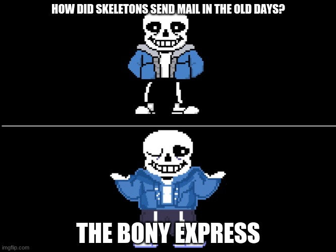 Bad pun sans | HOW DID SKELETONS SEND MAIL IN THE OLD DAYS? THE BONY EXPRESS | image tagged in bad pun sans | made w/ Imgflip meme maker