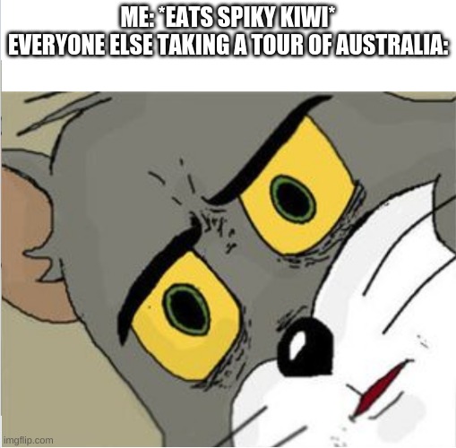 Usettled Tom 2.0 | ME: *EATS SPIKY KIWI*

EVERYONE ELSE TAKING A TOUR OF AUSTRALIA: | image tagged in usettled tom 2 0 | made w/ Imgflip meme maker
