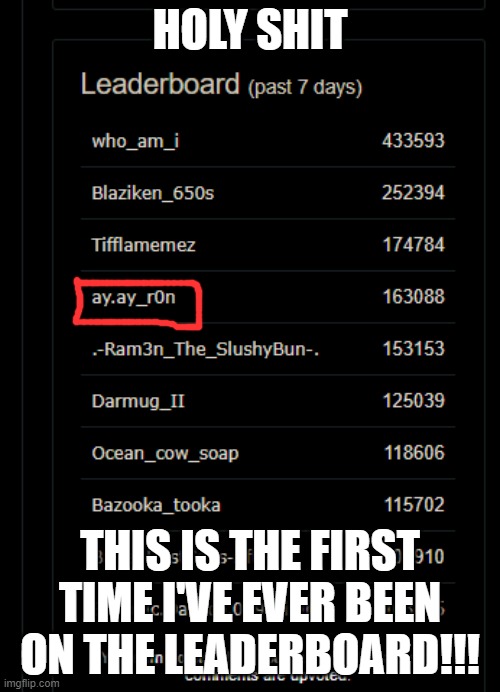 HOLY SHIT | HOLY SHIT; THIS IS THE FIRST TIME I'VE EVER BEEN ON THE LEADERBOARD!!! | image tagged in thank you,yes,whoohoo | made w/ Imgflip meme maker