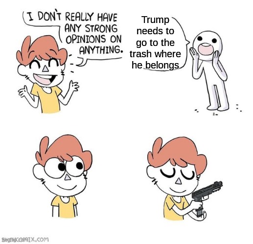 If your anti-trump, im anti-you. | Trump needs to go to the trash where he belongs | image tagged in i don't really have strong opinions | made w/ Imgflip meme maker