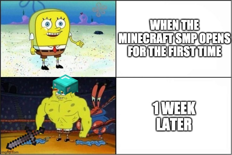 SMPS from the start then one week later | WHEN THE MINECRAFT SMP OPENS FOR THE FIRST TIME; 1 WEEK LATER | image tagged in weak vs strong spongebob | made w/ Imgflip meme maker