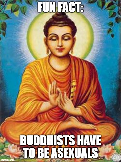 Literally the 3rd rule of Buddhism xD | FUN FACT:; BUDDHISTS HAVE TO BE ASEXUALS | image tagged in buddha,buddhism,asexual,lgbt,religion | made w/ Imgflip meme maker