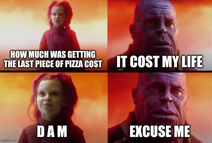 HOW MUCH WAS GETTING THE LAST PIECE OF PIZZA COST IT COST MY LIFE D A M EXCUSE ME | image tagged in thanos what did it cost | made w/ Imgflip meme maker