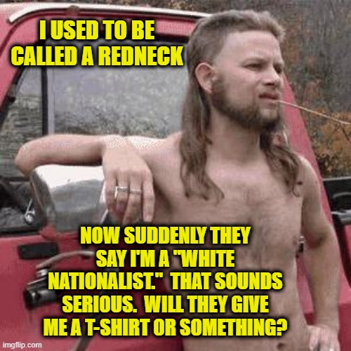 Beyond Redneck | I USED TO BE CALLED A REDNECK; NOW SUDDENLY THEY SAY I'M A "WHITE NATIONALIST."  THAT SOUNDS SERIOUS.  WILL THEY GIVE ME A T-SHIRT OR SOMETHING? | image tagged in almost politically correct redneck | made w/ Imgflip meme maker