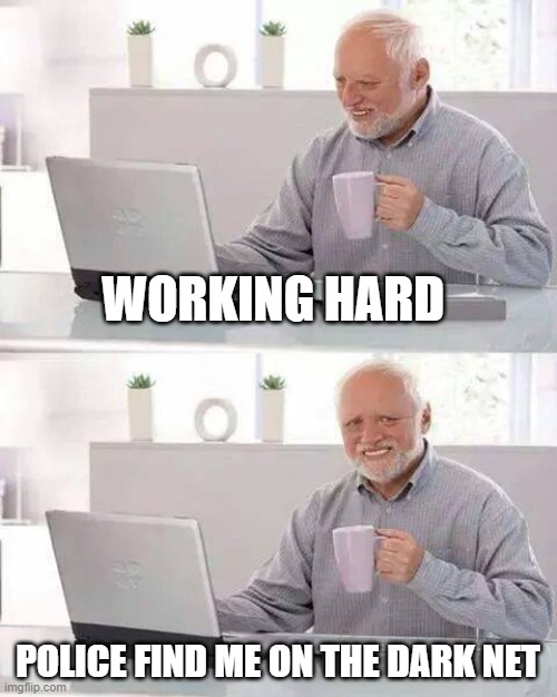 Hide the Pain Harold | WORKING HARD; POLICE FIND ME ON THE DARK NET | image tagged in memes,hide the pain harold | made w/ Imgflip meme maker
