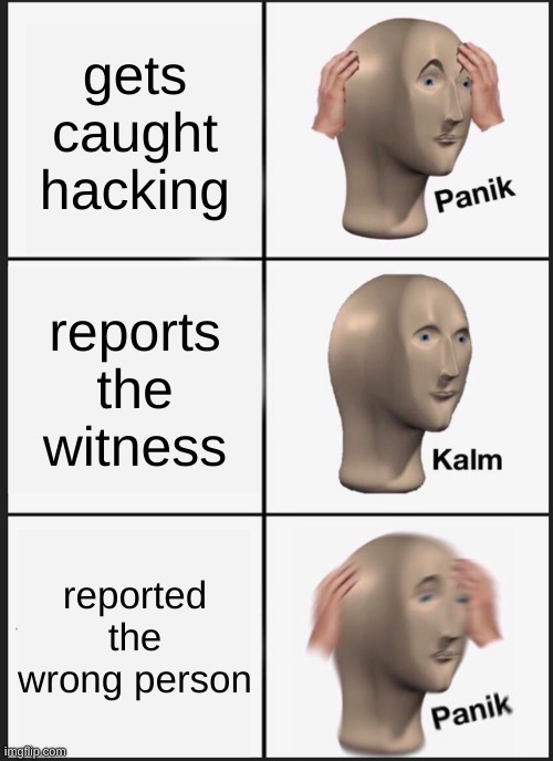 HAckers in a nutshell | gets caught hacking; reports the witness; reported the wrong person | image tagged in memes,panik kalm panik | made w/ Imgflip meme maker