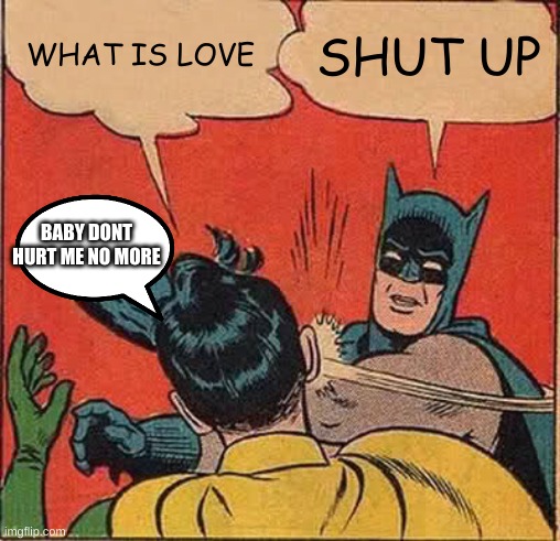 Batman Slapping Robin Meme | WHAT IS LOVE SHUT UP BABY DONT HURT ME NO MORE | image tagged in memes,batman slapping robin | made w/ Imgflip meme maker