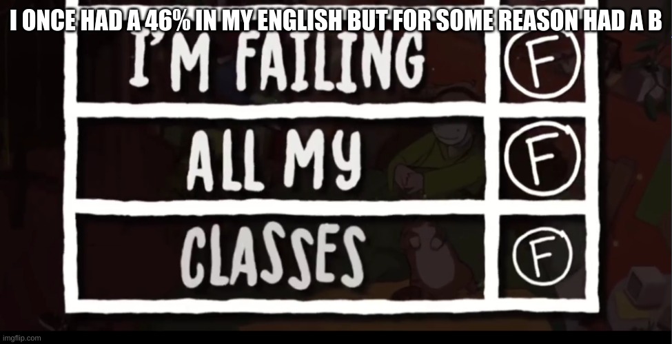 its because i forgot to submit a big essay | I ONCE HAD A 46% IN MY ENGLISH BUT FOR SOME REASON HAD A B | made w/ Imgflip meme maker