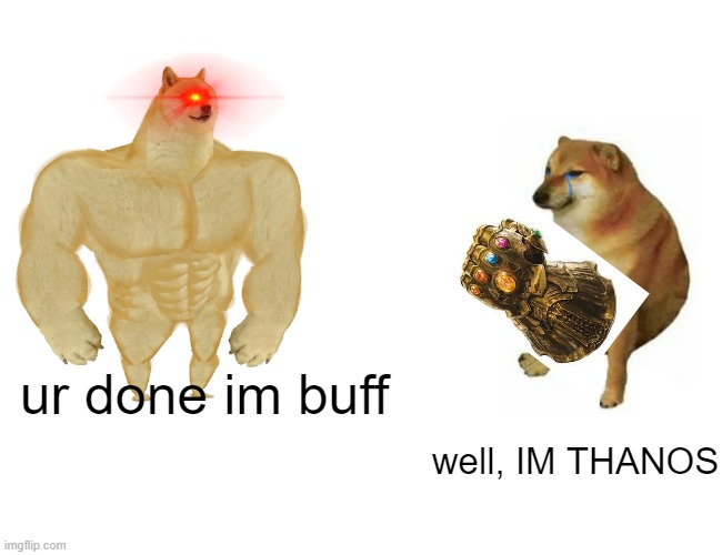why bully me | ur done im buff; well, IM THANOS | image tagged in memes,buff doge vs cheems | made w/ Imgflip meme maker