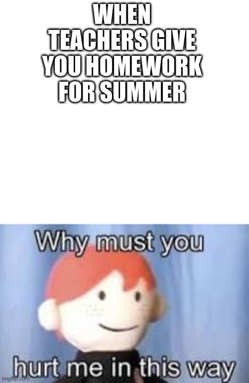 WHEN TEACHERS GIVE YOU HOMEWORK FOR SUMMER | image tagged in white,why must you hurt me in this way | made w/ Imgflip meme maker