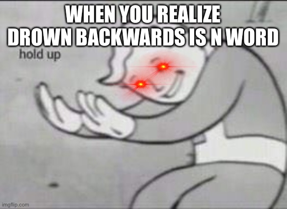 Wait a sec... | WHEN YOU REALIZE DROWN BACKWARDS IS N WORD | image tagged in fallout hold up | made w/ Imgflip meme maker