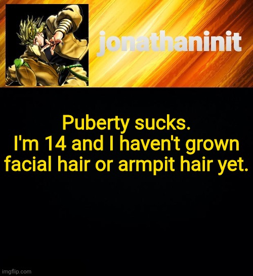 My puberty has too much frame delay | Puberty sucks.
I'm 14 and I haven't grown facial hair or armpit hair yet. | image tagged in jonathaninit but he go za warudo | made w/ Imgflip meme maker