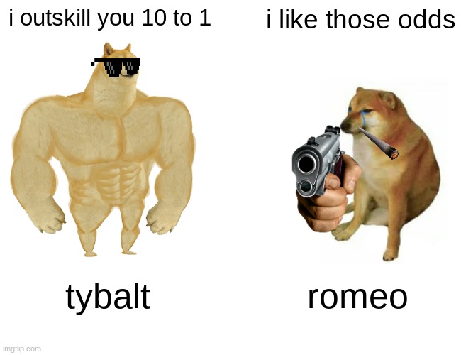 Buff Doge vs. Cheems Meme | i outskill you 10 to 1; i like those odds; tybalt; romeo | image tagged in memes,buff doge vs cheems | made w/ Imgflip meme maker