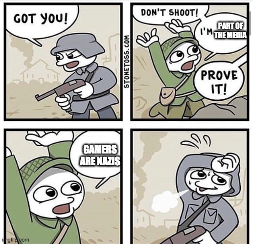 the media in a nutshell | PART OF THE MEDIA; GAMERS ARE NAZIS | image tagged in the media in a nutshell | made w/ Imgflip meme maker