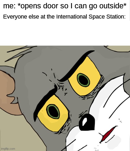 haha XD | me: *opens door so I can go outside*; Everyone else at the International Space Station: | image tagged in blank meme template,memes,unsettled tom,space | made w/ Imgflip meme maker