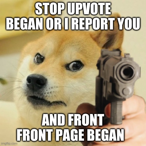 just stop with the beginning stuff | STOP UPVOTE BEGAN OR I REPORT YOU; AND FRONT FRONT PAGE BEGAN | image tagged in doge holding a gun | made w/ Imgflip meme maker