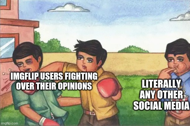 Oof yeah! | LITERALLY ANY OTHER SOCIAL MEDIA; IMGFLIP USERS FIGHTING OVER THEIR OPINIONS | image tagged in two kids boxing while one watches | made w/ Imgflip meme maker