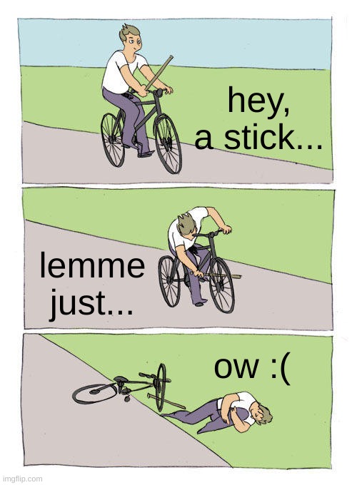 Bike Fall Meme | hey, a stick... lemme just... ow :( | image tagged in memes,bike fall | made w/ Imgflip meme maker