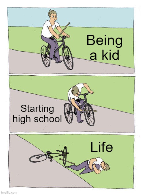 l i f e | Being a kid; Starting high school; Life | image tagged in memes,bike fall | made w/ Imgflip meme maker