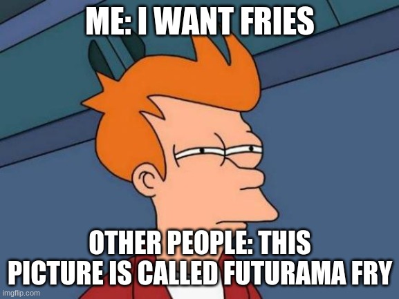 Futurama "Fry" | ME: I WANT FRIES; OTHER PEOPLE: THIS PICTURE IS CALLED FUTURAMA FRY | image tagged in memes,futurama fry | made w/ Imgflip meme maker