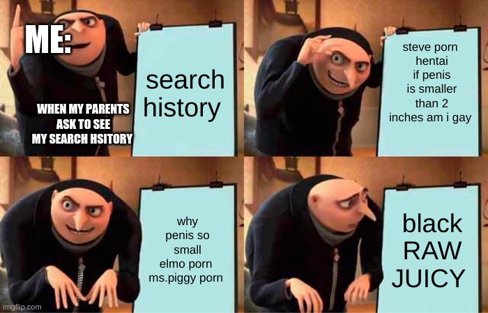 Gru's Plan Meme | ME:; steve porn 
hentai
if penis is smaller than 2 inches am i gay; search history; WHEN MY PARENTS ASK TO SEE MY SEARCH HSITORY; why penis so small
elmo porn 
ms.piggy porn; black RAW JUICY | image tagged in memes,gru's plan | made w/ Imgflip meme maker