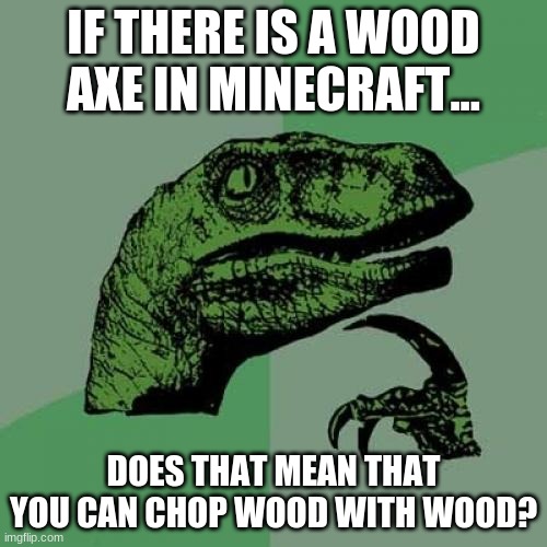 Please upvote to support my life | IF THERE IS A WOOD AXE IN MINECRAFT... DOES THAT MEAN THAT YOU CAN CHOP WOOD WITH WOOD? | image tagged in memes,philosoraptor,minecraft,axe,wood,meme | made w/ Imgflip meme maker
