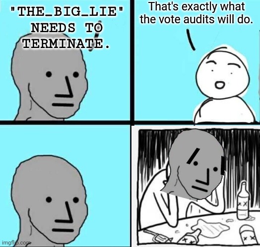 the big lie is a lie | That's exactly what the vote audits will do. "THE_BIG_LIE"
NEEDS TO
TERMINATE. /      \ | image tagged in npc meme,election 2020,voter fraud | made w/ Imgflip meme maker