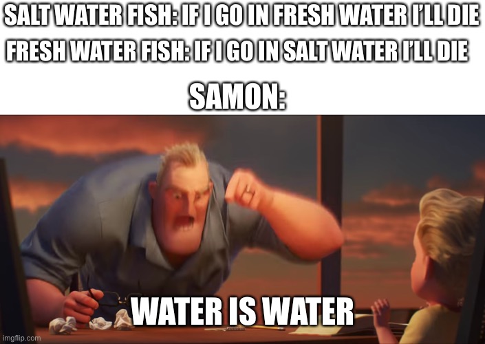 Water | SALT WATER FISH: IF I GO IN FRESH WATER I’LL DIE; FRESH WATER FISH: IF I GO IN SALT WATER I’LL DIE; SAMON:; WATER IS WATER | image tagged in math is math,fish,water,meme | made w/ Imgflip meme maker
