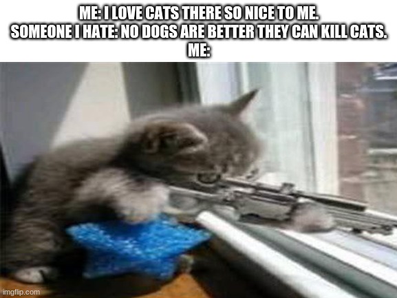 ME: I LOVE CATS THERE SO NICE TO ME.
SOMEONE I HATE: NO DOGS ARE BETTER THEY CAN KILL CATS.
ME: | image tagged in cat with gun | made w/ Imgflip meme maker