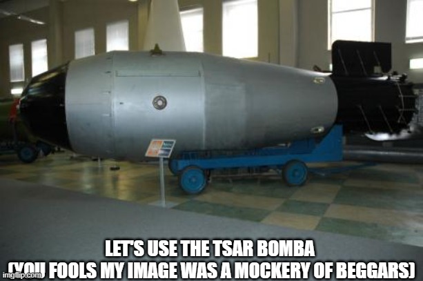 can't you take a joke |  LET'S USE THE TSAR BOMBA 
(YOU FOOLS MY IMAGE WAS A MOCKERY OF BEGGARS) | image tagged in war,tiktok sucks,imgflip pog | made w/ Imgflip meme maker