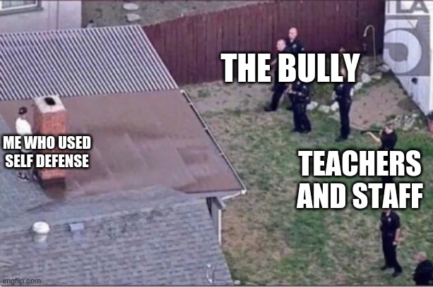 no image title | THE BULLY; ME WHO USED SELF DEFENSE; TEACHERS AND STAFF | image tagged in guy hiding from cops on roof,school meme,school,school memes,bully,self defense | made w/ Imgflip meme maker