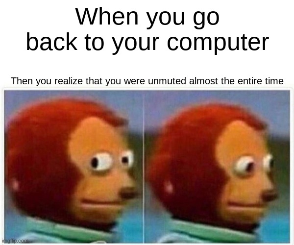 This literally just happened and I decided to make a meme about it. | When you go back to your computer; Then you realize that you were unmuted almost the entire time | image tagged in memes,monkey puppet | made w/ Imgflip meme maker