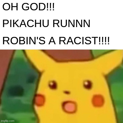 Surprised Pikachu Meme | OH GOD!!! PIKACHU RUNNN ROBIN'S A RACIST!!!! | image tagged in memes,surprised pikachu | made w/ Imgflip meme maker