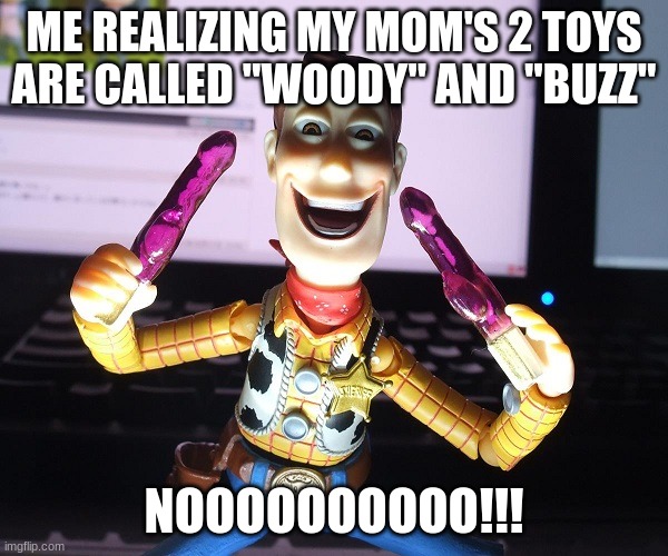 HENTAI WOODY | ME REALIZING MY MOM'S 2 TOYS ARE CALLED "WOODY" AND "BUZZ"; NOOOOOOOOOO!!! | image tagged in hentai woody | made w/ Imgflip meme maker