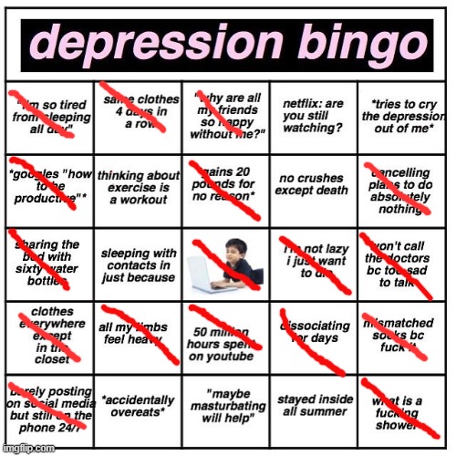 is something wrong with you? naww im good | image tagged in depression bingo | made w/ Imgflip meme maker