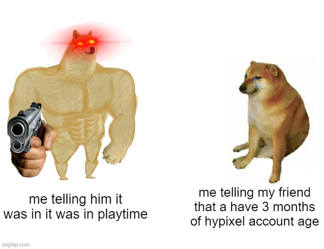 skyblock in a bombshell | me telling him it was in it was in playtime; me telling my friend that a have 3 months of hypixel account age | image tagged in memes,buff doge vs cheems | made w/ Imgflip meme maker