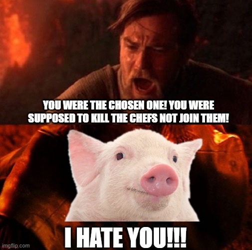 P I G W A L K E R | YOU WERE THE CHOSEN ONE! YOU WERE SUPPOSED TO KILL THE CHEFS NOT JOIN THEM! I HATE YOU!!! | image tagged in anakin and obi wan | made w/ Imgflip meme maker