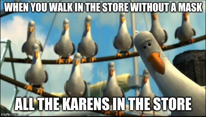 Nemo Seagulls Mine | WHEN YOU WALK IN THE STORE WITHOUT A MASK; ALL THE KARENS IN THE STORE | image tagged in nemo seagulls mine | made w/ Imgflip meme maker