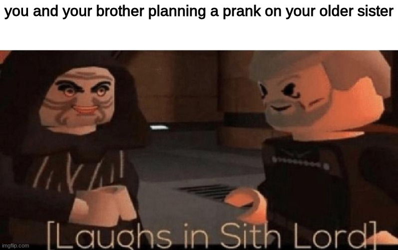 childhood be like | you and your brother planning a prank on your older sister | image tagged in laughs in sith lord | made w/ Imgflip meme maker