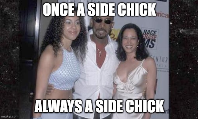 side chick | ONCE A SIDE CHICK; ALWAYS A SIDE CHICK | image tagged in kamala harris,side chick,montel williams,on her knees | made w/ Imgflip meme maker