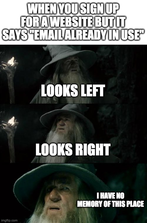 Confused Gandalf | WHEN YOU SIGN UP FOR A WEBSITE BUT IT SAYS "EMAIL ALREADY IN USE"; LOOKS LEFT; LOOKS RIGHT; I HAVE NO MEMORY OF THIS PLACE | image tagged in memes,confused gandalf | made w/ Imgflip meme maker