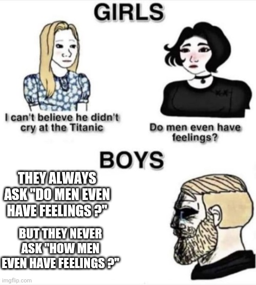 Why ! | THEY ALWAYS ASK "DO MEN EVEN HAVE FEELINGS ?"; BUT THEY NEVER ASK "HOW MEN EVEN HAVE FEELINGS ?" | image tagged in do men even have feelings,they never ask,memes,funny,fun | made w/ Imgflip meme maker