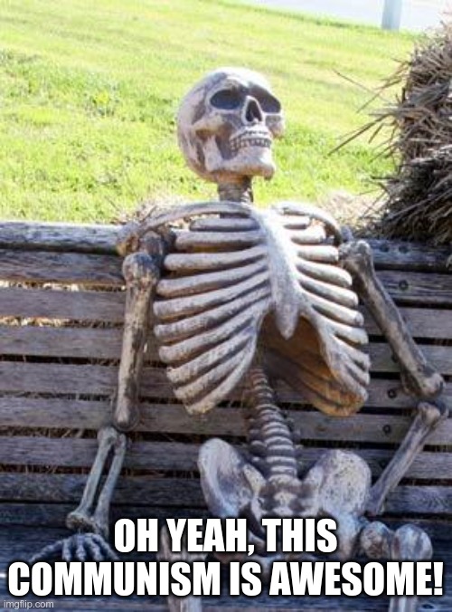 Waiting Skeleton Meme | OH YEAH, THIS COMMUNISM IS AWESOME! | image tagged in memes,waiting skeleton | made w/ Imgflip meme maker