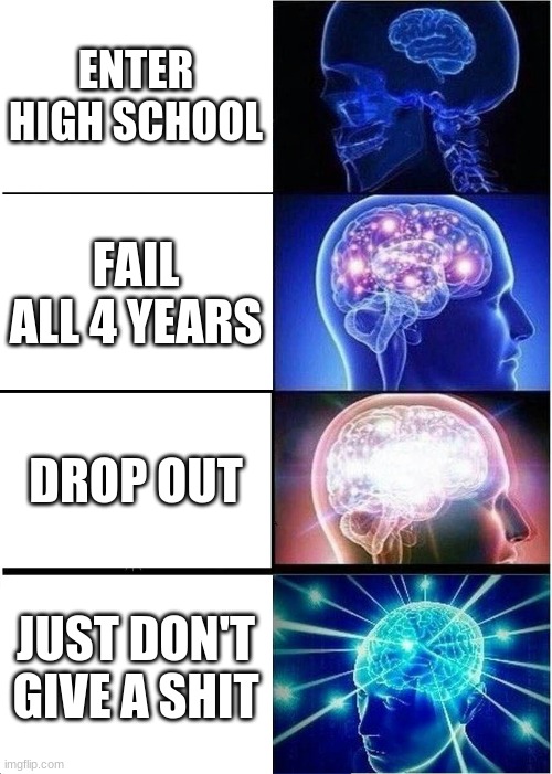 literally me rn | ENTER HIGH SCHOOL; FAIL ALL 4 YEARS; DROP OUT; JUST DON'T GIVE A SHIT | image tagged in memes,expanding brain,fun | made w/ Imgflip meme maker
