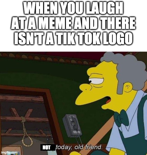 today old friend | WHEN YOU LAUGH AT A MEME AND THERE ISN'T A TIK TOK LOGO; NOT | image tagged in today old friend | made w/ Imgflip meme maker