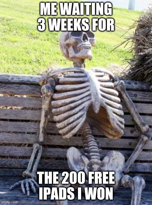 Waiting Skeleton | ME WAITING 3 WEEKS FOR; THE 200 FREE IPADS I WON | image tagged in memes,waiting skeleton | made w/ Imgflip meme maker