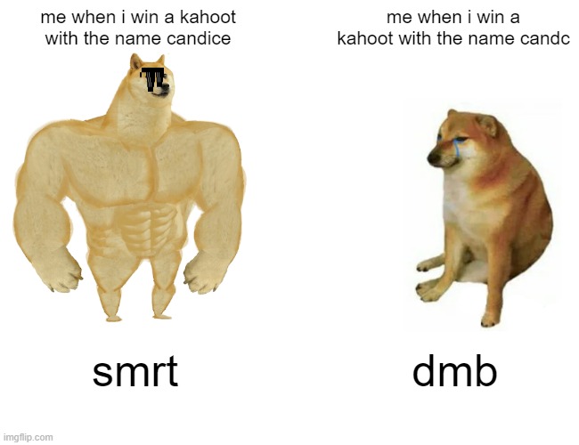 Buff Doge vs. Cheems | me when i win a kahoot with the name candice; me when i win a kahoot with the name candc; smrt; dmb | image tagged in memes,buff doge vs cheems | made w/ Imgflip meme maker