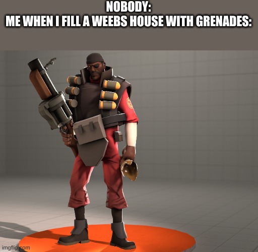 meet the demoman! | NOBODY:
ME WHEN I FILL A WEEBS HOUSE WITH GRENADES: | image tagged in yes | made w/ Imgflip meme maker