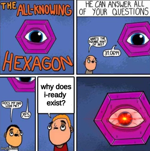All knowing hexagon (ORIGINAL) | why does i-ready 
exist? | image tagged in all knowing hexagon original | made w/ Imgflip meme maker
